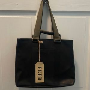 Feed Leather Black Tote with olive green handles - never been used!